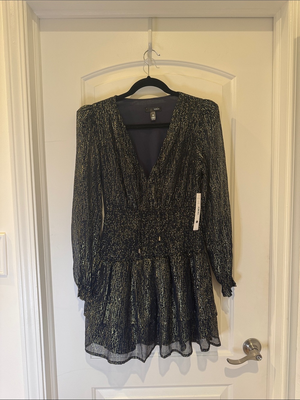 Aqua Black Dress with Gold Metallic Thread Long Sleeve V-Neck
